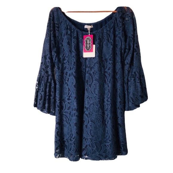 NWT Anthropologie Blu Pepper Navy Lace Tunic Dress Top Bell Sleeves Women L Boho - Picture 2 of 9